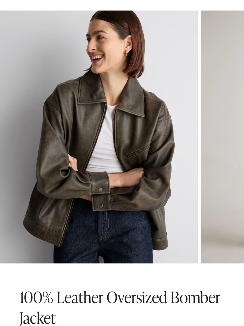 Quince Distressed Brown Leather Oversized  Bomber Jacket